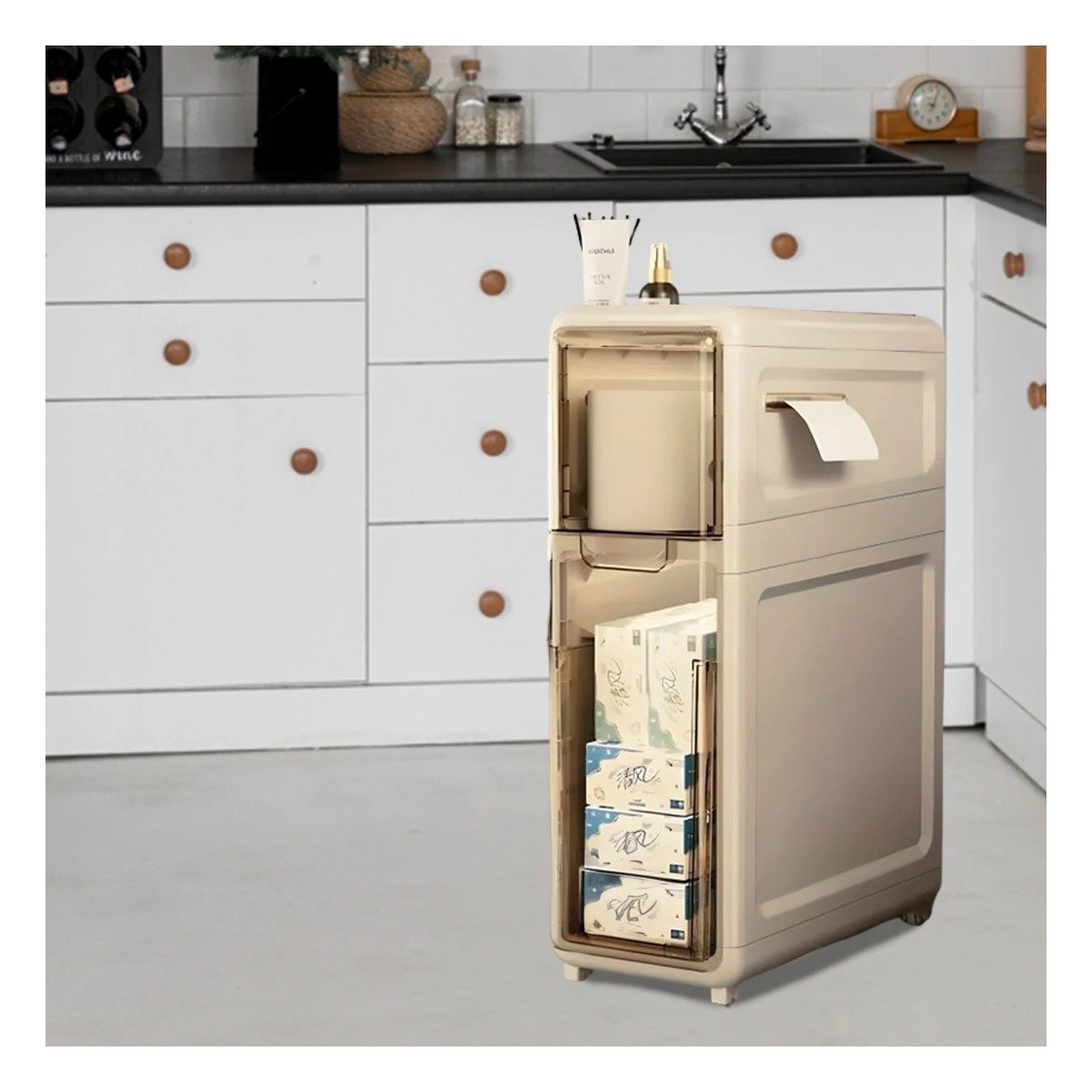 GABINETE ORGANIZADOR BEIGE DE DOS CASILLAS CON PUERTAS PARA ALMACENAJE EN HOGAR - 1