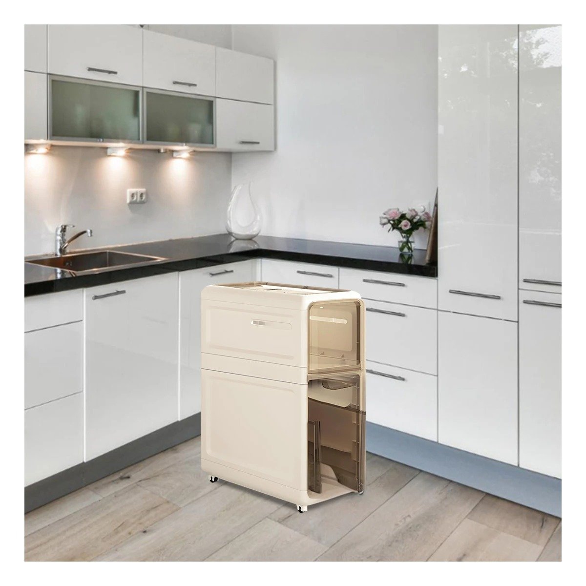 GABINETE ORGANIZADOR BEIGE DE DOS CASILLAS CON PUERTAS PARA ALMACENAJE EN HOGAR - 5