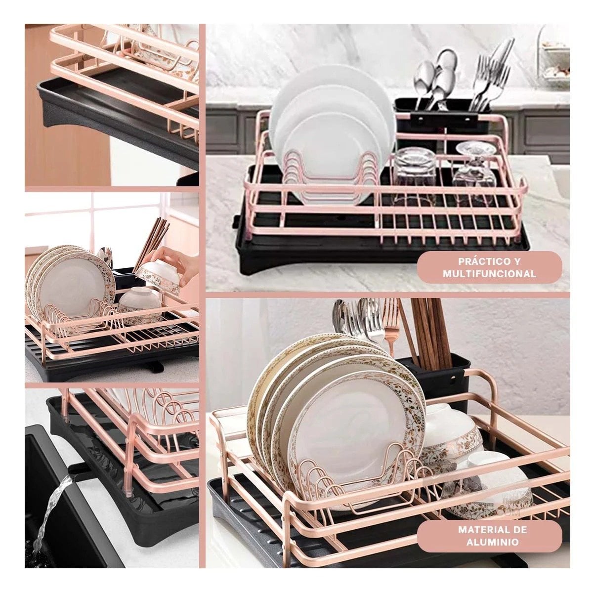 ESCURRIDOR DE PLATOS CON SOPORTE PARA UTENSILIOS Y SISTEMA DE DRENAJE ORO ROSA - 2