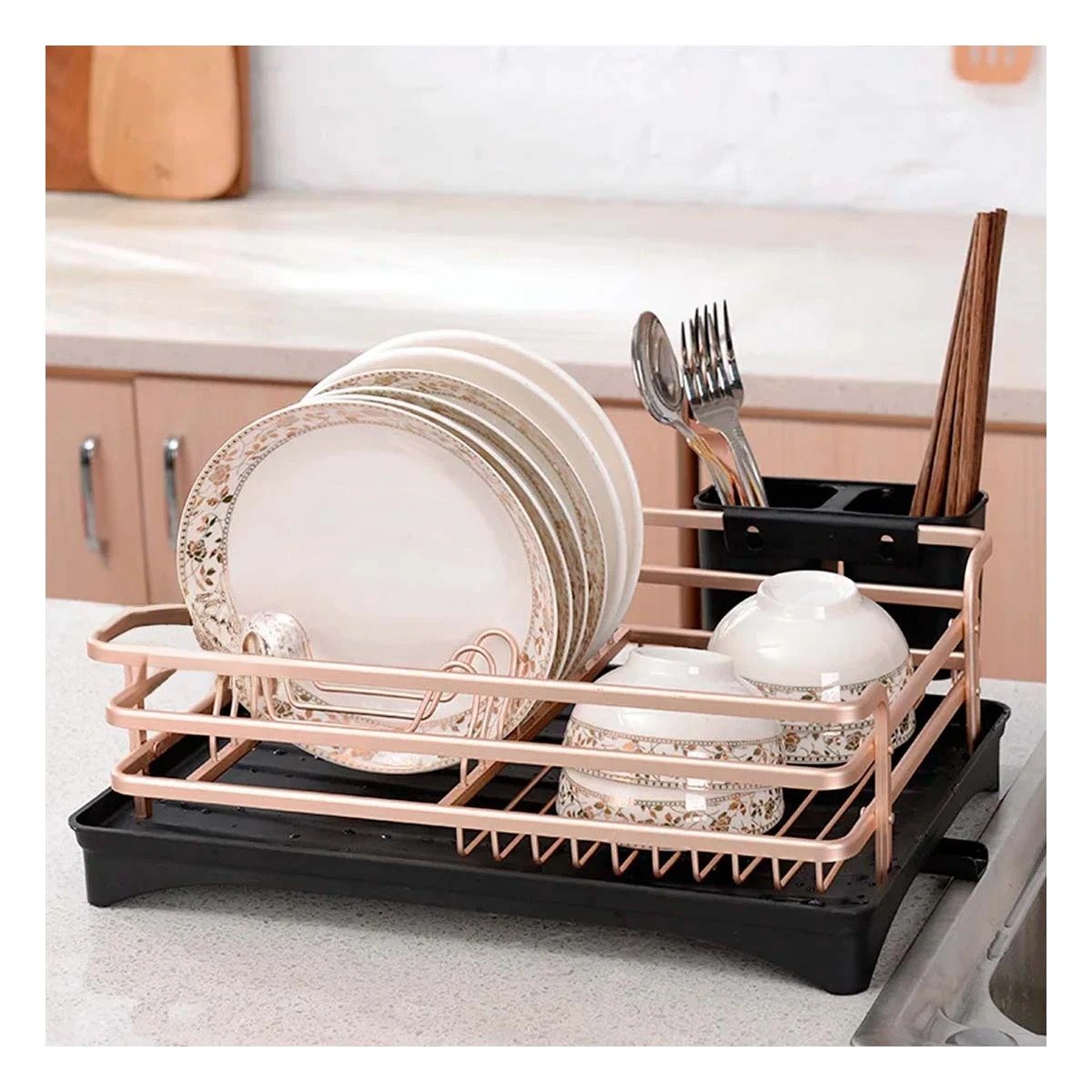 ESCURRIDOR DE PLATOS CON SOPORTE PARA UTENSILIOS Y SISTEMA DE DRENAJE ORO ROSA - 5
