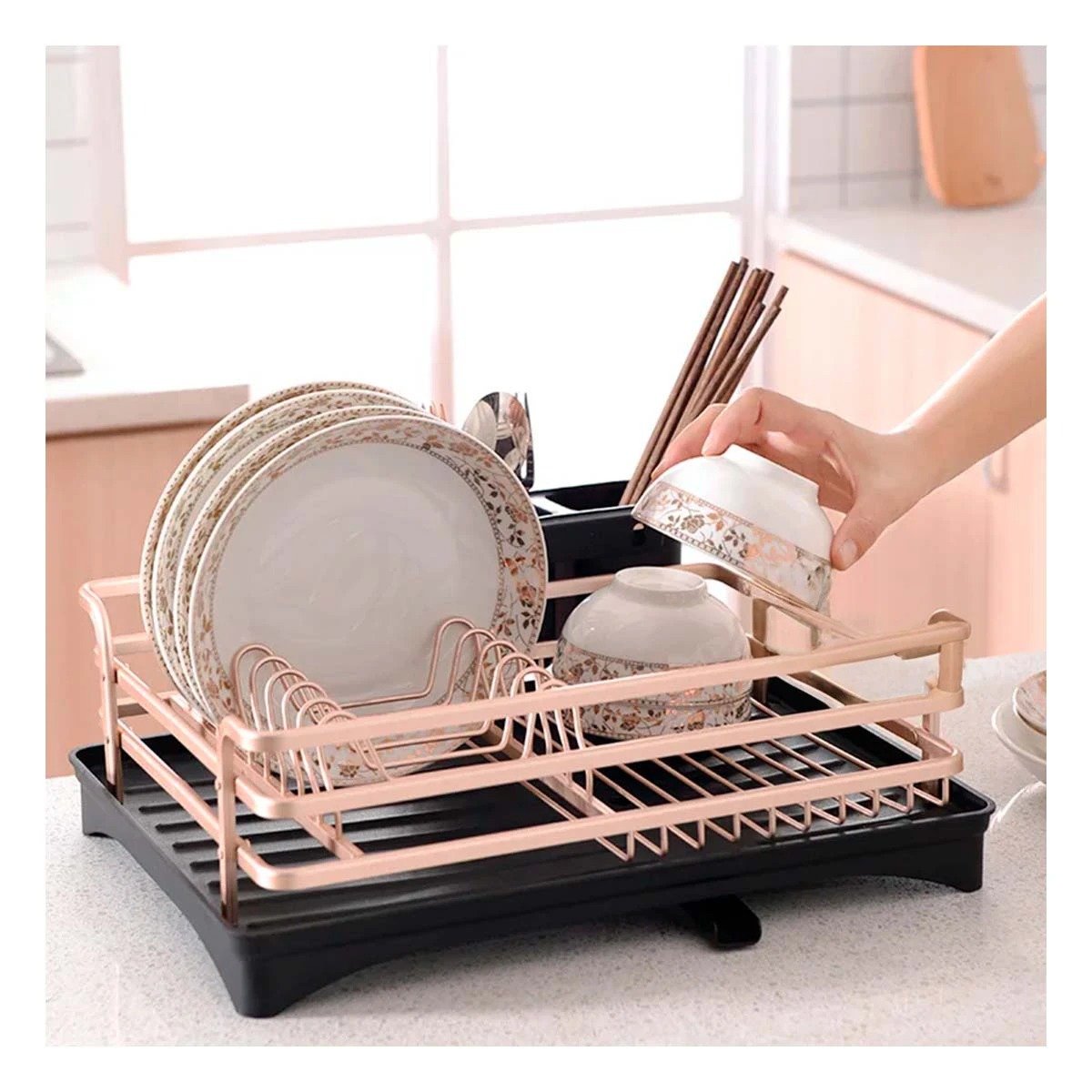 ESCURRIDOR ORO ROSA CON SISTEMA DE DRENAJE Y SOPORTE PARA UTENSILIOS Y+PAPEL REGALO - 1