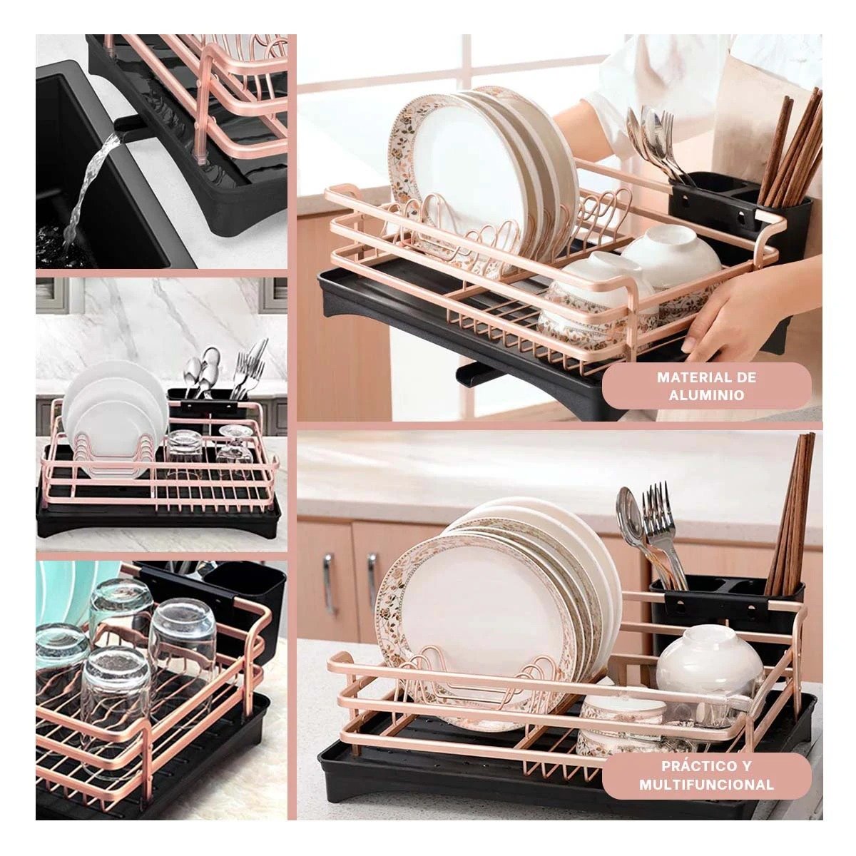 ESCURRIDOR ORO ROSA CON SISTEMA DE DRENAJE Y SOPORTE PARA UTENSILIOS Y+PAPEL REGALO - 3