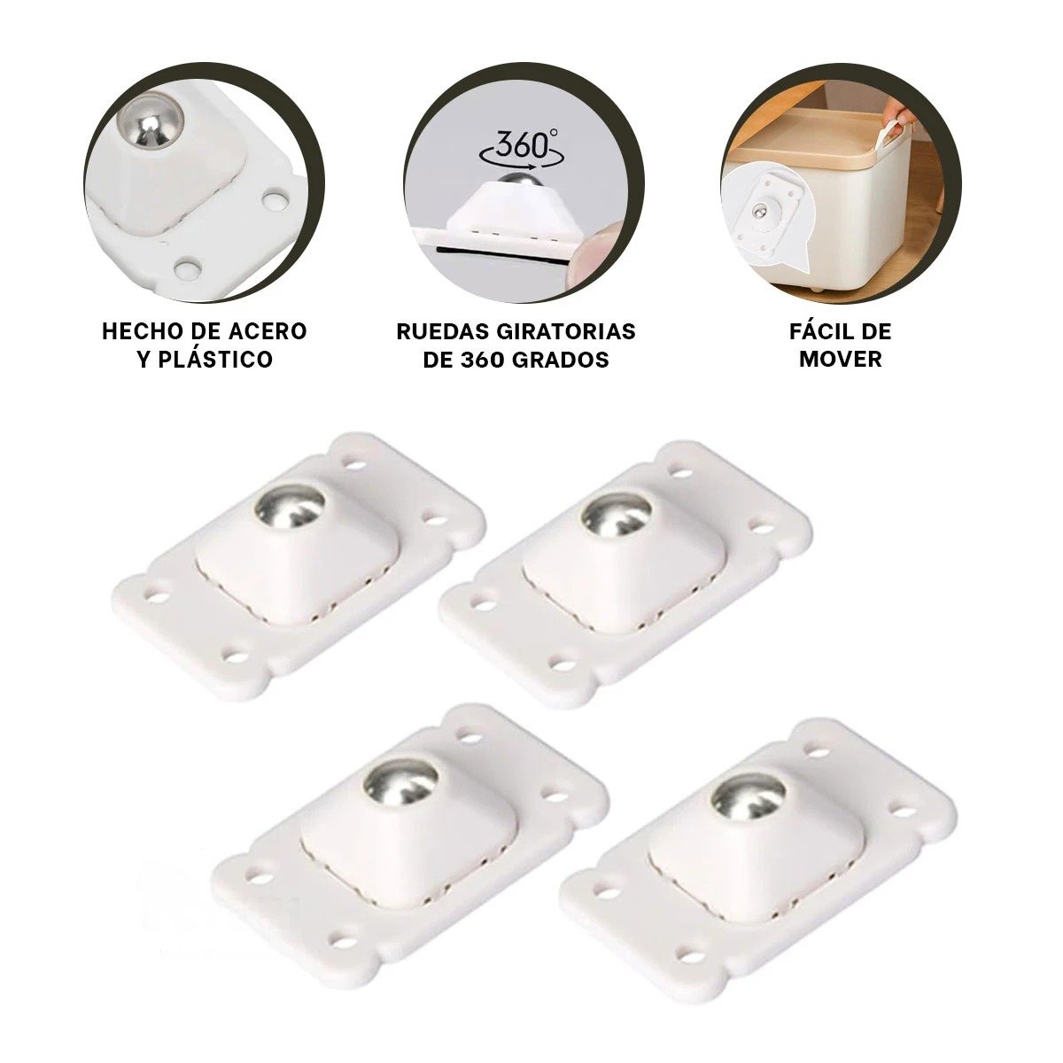 JUEGO 4 RUEDAS GIRATORIAS MINI BLANCO PORTATILES CON FIJACION FACIL HOGAR Y+PAPEL REGALO - 5