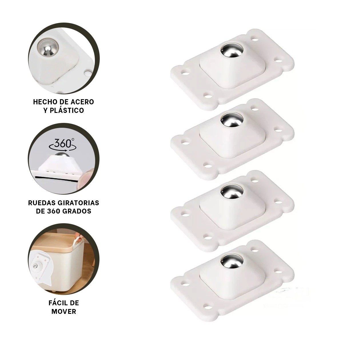 GRUPO DE 4 MINI RUEDAS GIRATORIAS BLANCO PORTATILES CON SOPORTE FUERTE CASA Y+POST IT - 5