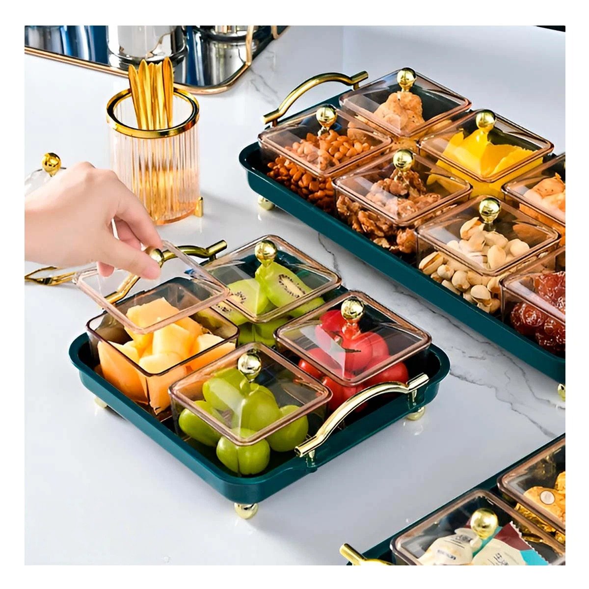 CONJUNTO DE 4 ORGANIZADORES CON BANDEJA VERDE CON DISENO FINO PARA CAJONES MULTIUSO - 5
