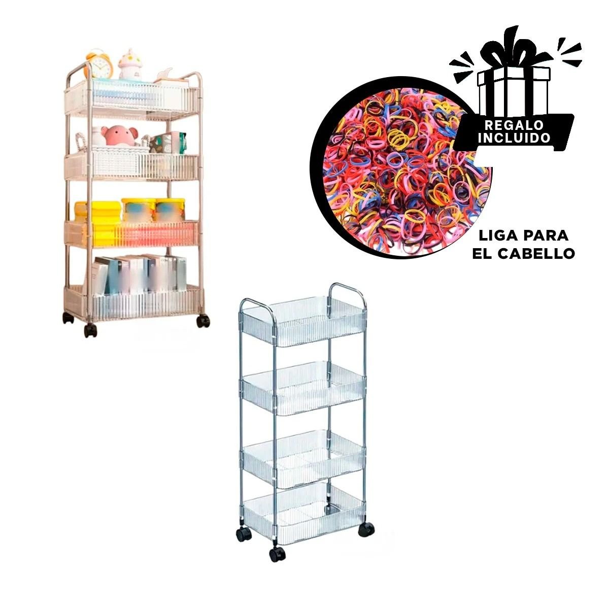 CARRITO DE ACRILICO DE 4 NIVELES CON ASAS TRANSPARENTE PARA ORDEN Y DECORACION Y+LIGAS REGALO - 2
