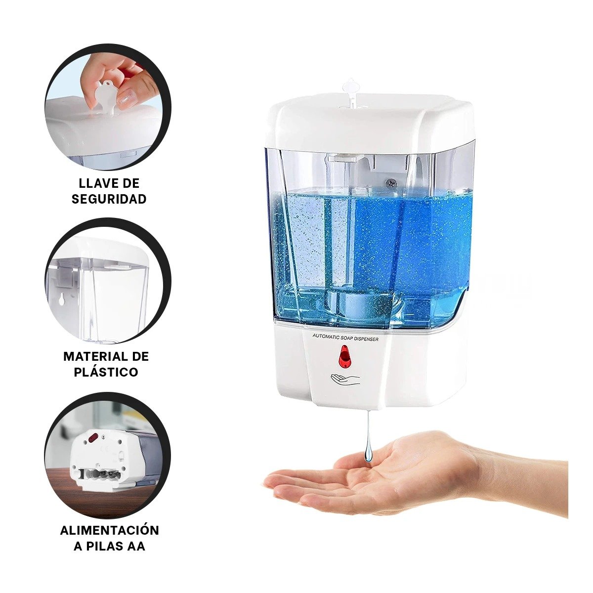 DISPENSADOR MURAL DE LIQUIDOS CON SENSOR AUTOMATICO BLANCO 500 ML PARA HOGAR Y+PAPEL REGALO - 5