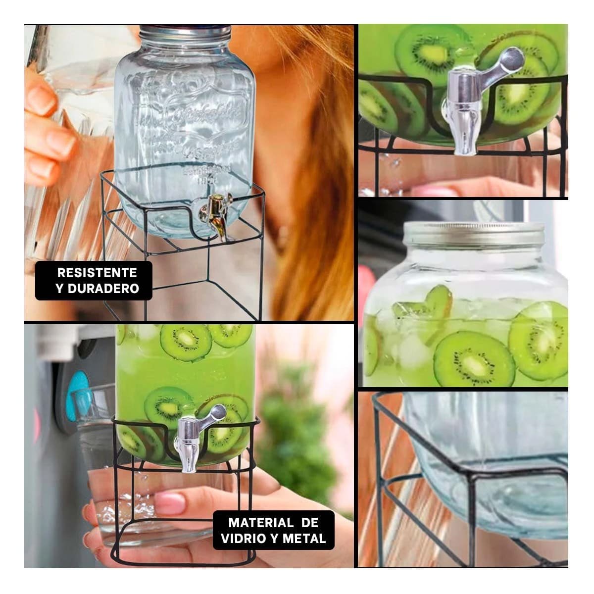 DISPENSADOR DE BEBIDAS 5L CON BASE METALICA CUADRADA PARA COCINA Y HOGAR - 2
