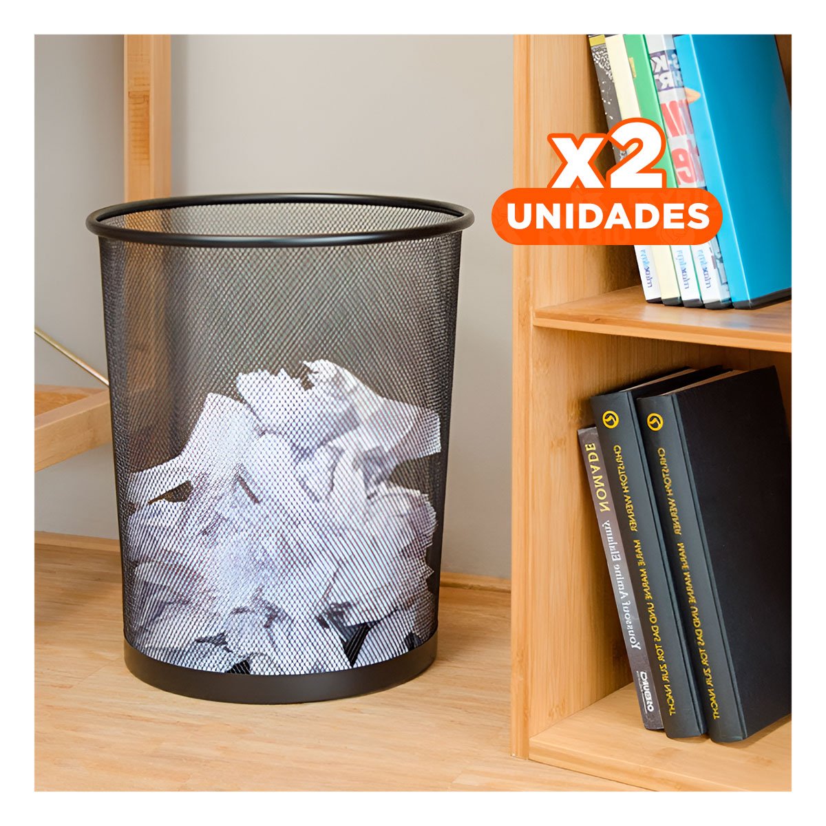 PACK2 CUBO DE RESIDUOS METALICO CIRCULAR NEGRO PARA OFICINA Y HOGAR Y+PAPEL REGALO - 1