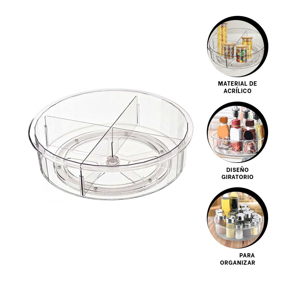 PLATO GIRATORIO DE ACRILICO 360 GRADOS CON 4 COMPARTIMIENTOS TRANSPARENTE Y+PAPEL REGALO - 5