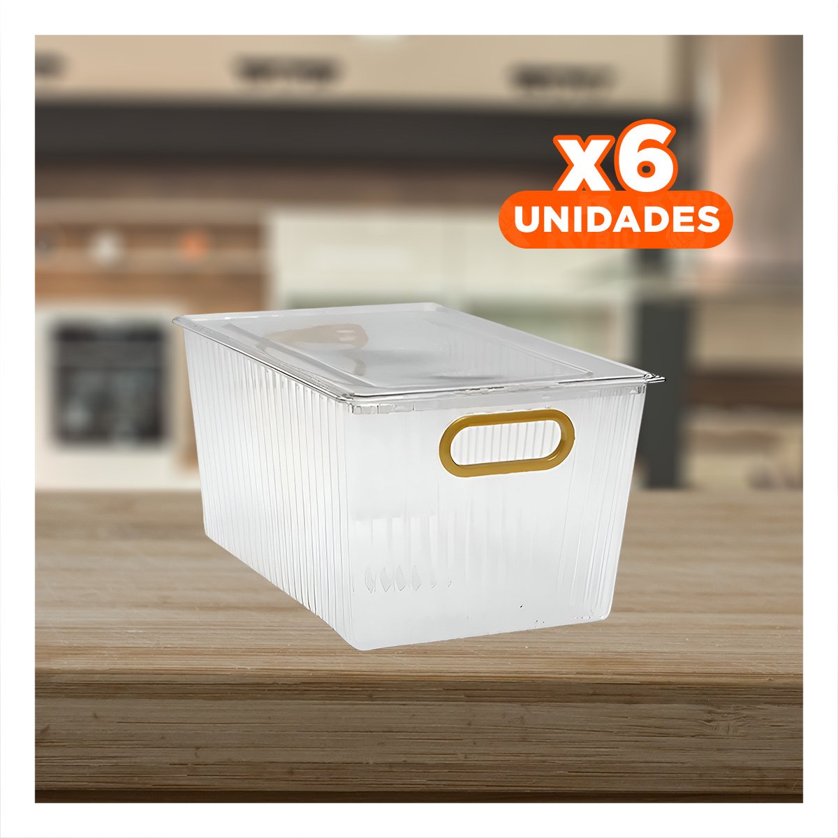 PACK6 SOPORTE TRANSPARENTE DE ACRILICO RECTANGULAR CON TAPA Y ASAS DORADAS PARA OBJETOS - 1