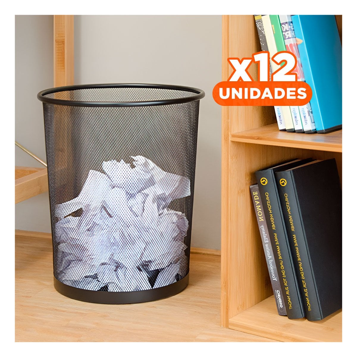 PACK12 PAPELERA PARA BASURA CIRCULAR NEGRO COMPACTA Y MODERNA PARA OFICINA Y+PAPEL REGALO - 1