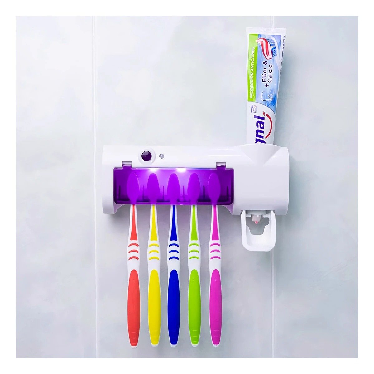 ESTERILIZADOR UV PARA CEPILLOS CON DISPENSADOR AUTOMATICO DE CREMA DENTAL BLANCO Y+PAPEL REGALO - 1