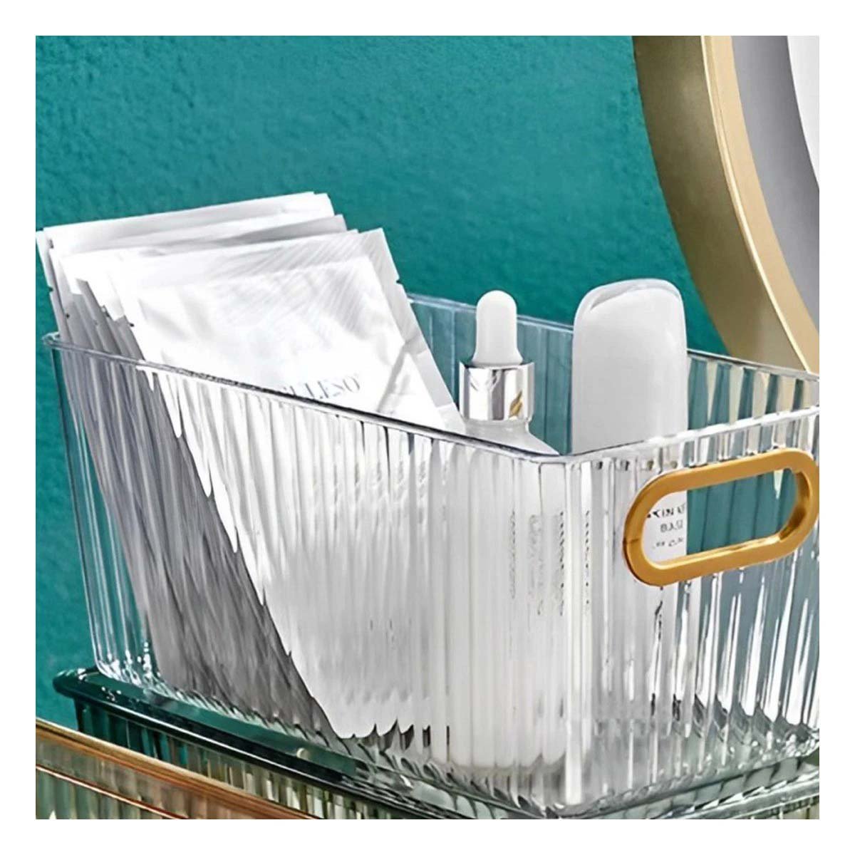 BANDEJA TRANSPARENTE DE ACRILICO RECTANGULAR CON TAPA Y ASAS DORADAS APILABLE - 5