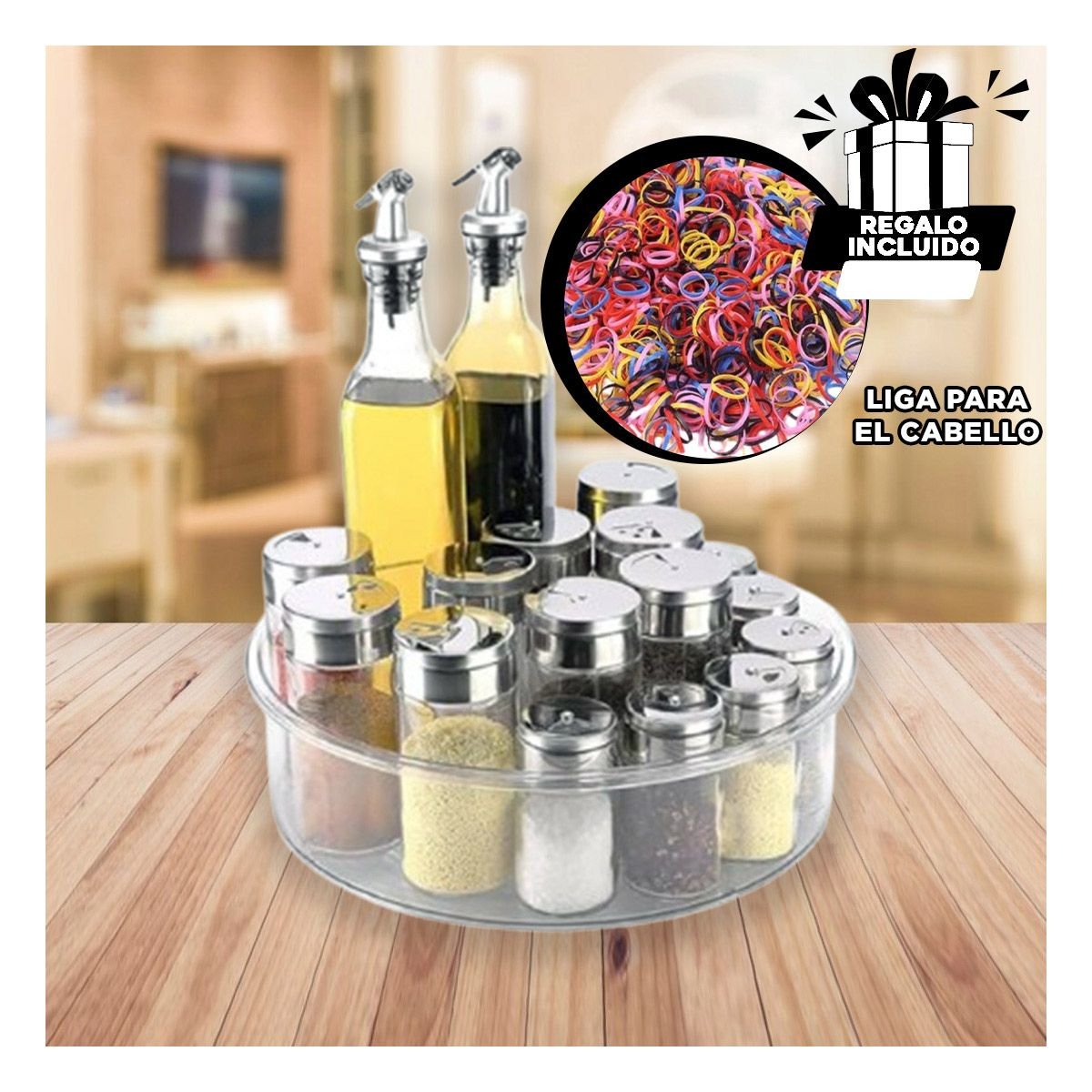 BASE GIRATORIA DE ACRILICO 360 GRADOS CON 4 COMPARTIMIENTOS TRANSPARENTE Y+LIGAS REGALO - 2