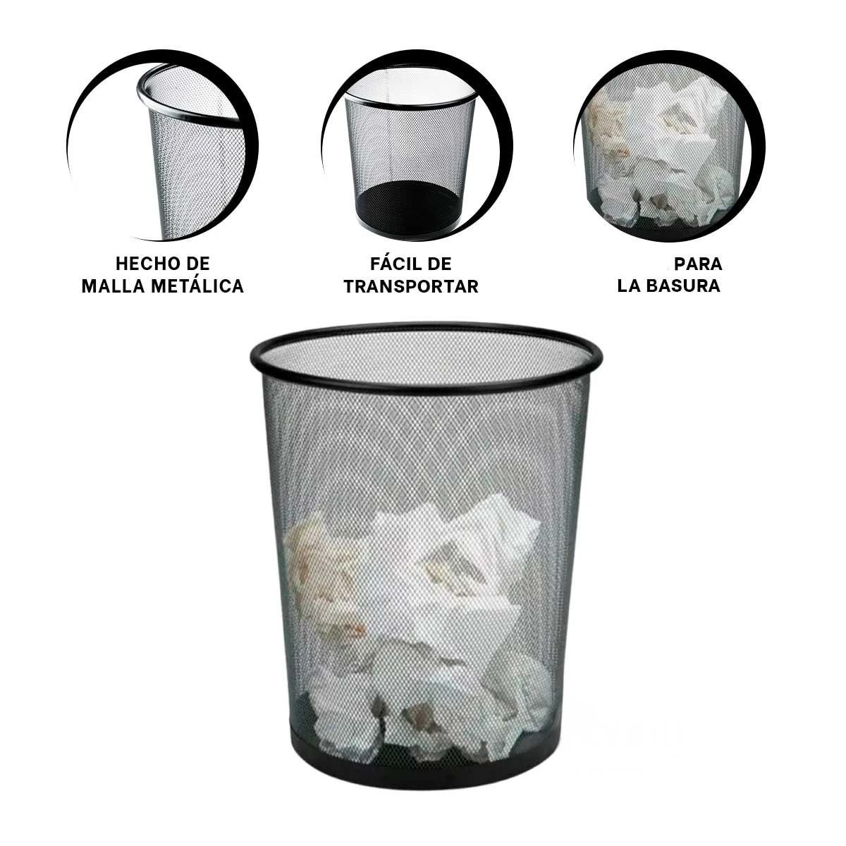 TACHO DE BASURA MALLA METALICA CIRCULAR NEGRO PARA CASA Y OFICINA Y+PAPEL REGALO - 5