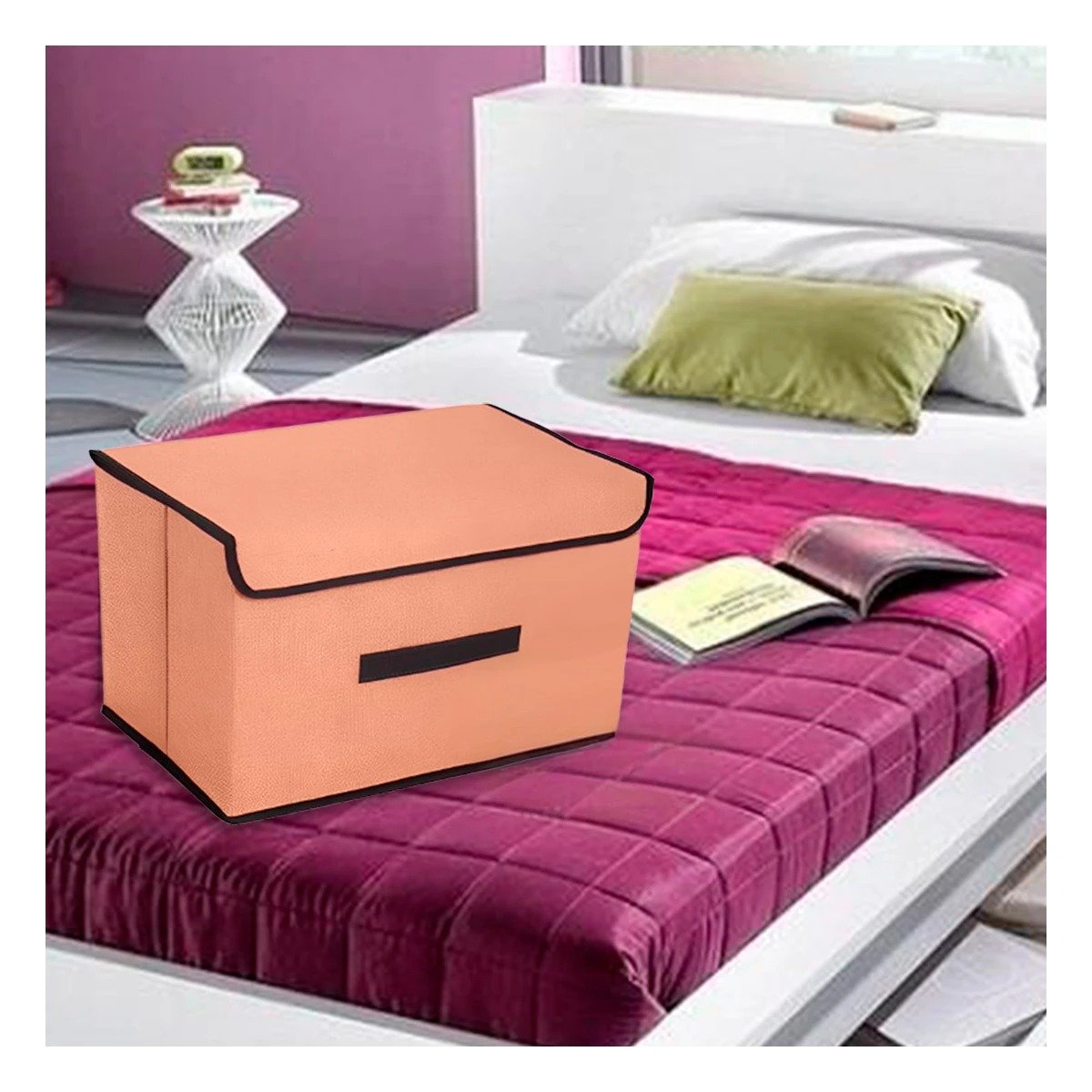 CAJA PARA GUARDAR ROPA DE TELA 36X24X23CM MOSTAZA CON BORDE MARRON Y+PAPEL REGALO - 1