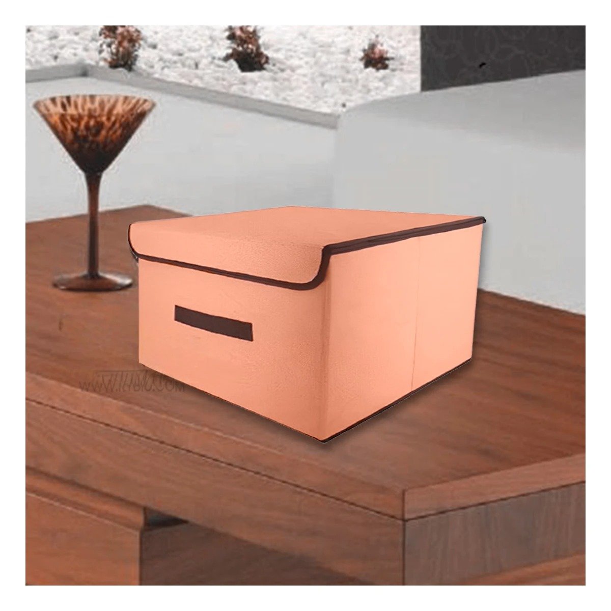 CAJA PARA GUARDAR ROPA DE TELA 36X24X23CM MOSTAZA CON BORDE MARRON Y+PAPEL REGALO - 2