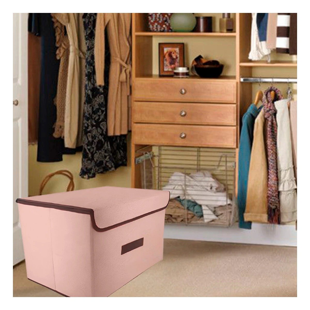 PACK4 CONTENEDOR PRACTICO DE TELA 36X24X23CM BEIGE CON BORDE MARRON PARA SALA - 2