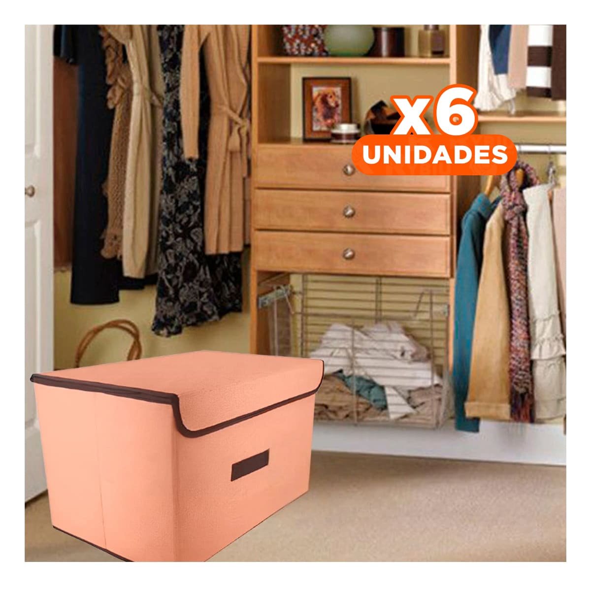 PACK6 ALMACENAMIENTO COMPACTO DE TELA 36X24X23CM MOSTAZA CON BORDE MARRON FACIL DE MOVER - 1