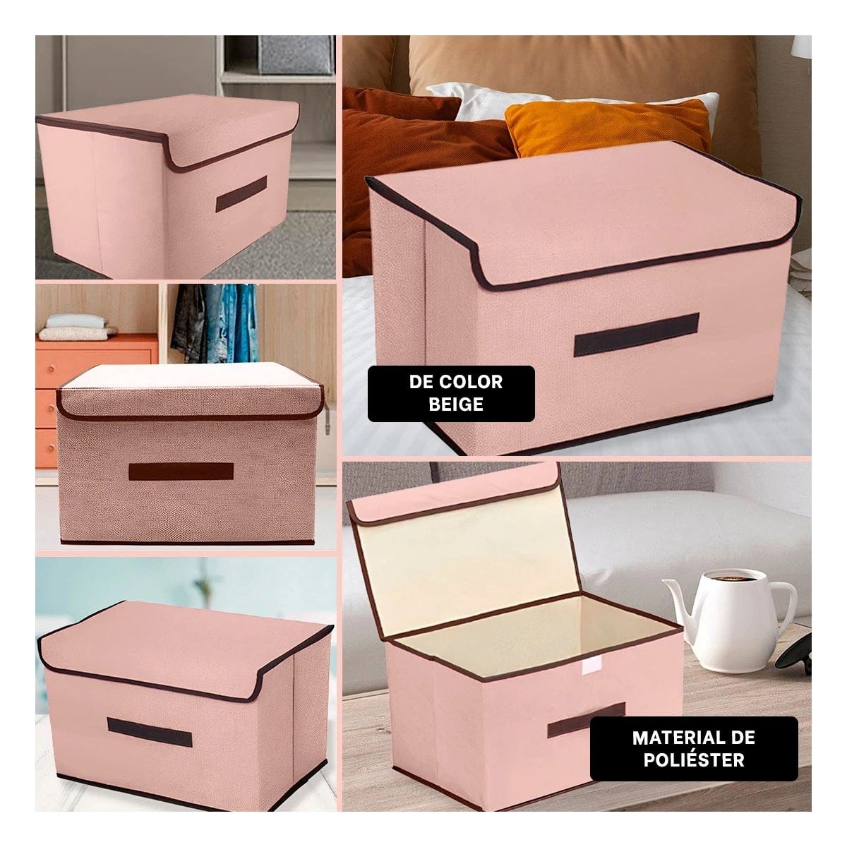 CAJA PARA GUARDAR ROPA DE TELA 36X24X23CM BEIGE CON BORDE MARRON Y+PAPEL REGALO - 3