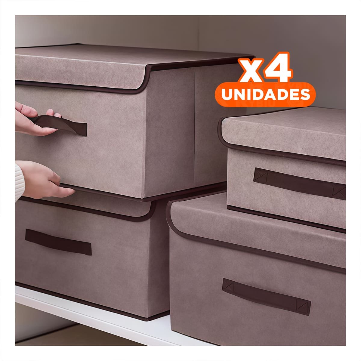 PACK4 CONTENEDOR COMPACTO DE TELA 25X19X16CM MARRON CON BORDE MARRON Y+PAPEL REGALO - 1