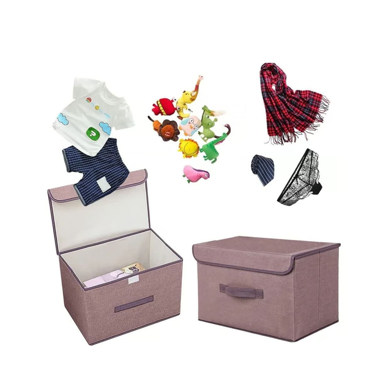 PACK4 CONTENEDOR COMPACTO DE TELA 25X19X16CM MARRON CON BORDE MARRON Y+PAPEL REGALO - 3