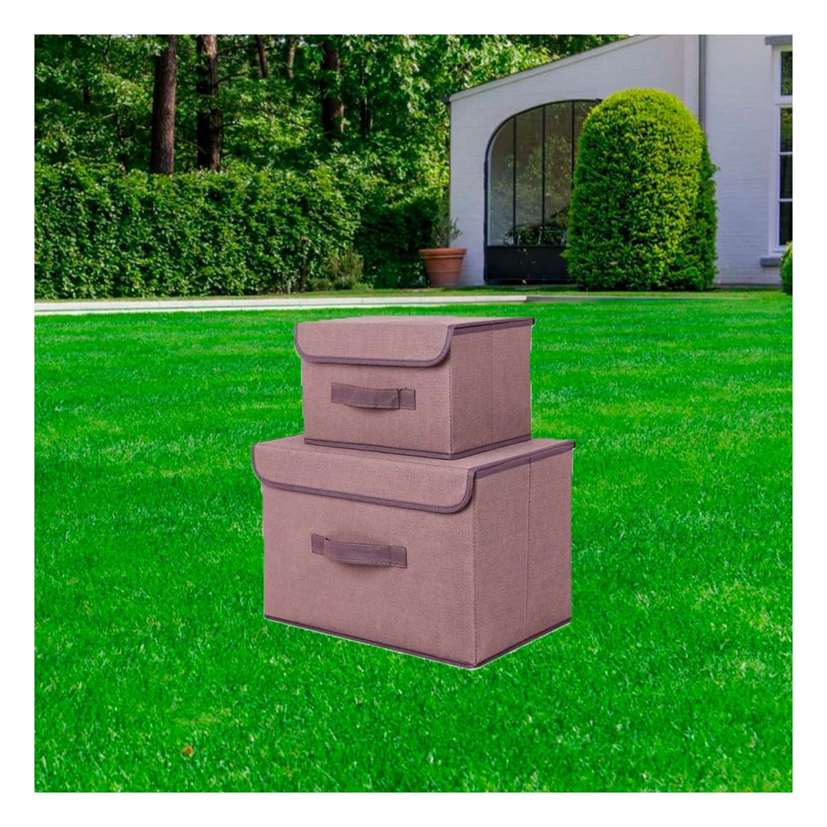 PACK4 CONTENEDOR COMPACTO DE TELA 25X19X16CM MARRON CON BORDE MARRON Y+PAPEL REGALO - 5