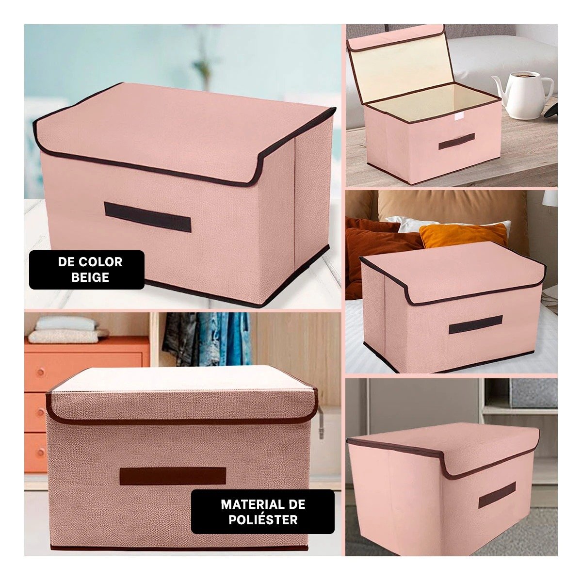 CAJA DECORATIVA DE TELA 36X24X23CM BEIGE CON BORDE MARRON PARA SALA Y+LIGAS REGALO - 1
