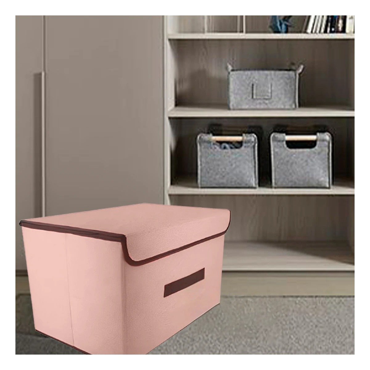 CAJA DECORATIVA DE TELA 36X24X23CM BEIGE CON BORDE MARRON PARA SALA Y+LIGAS REGALO - 3