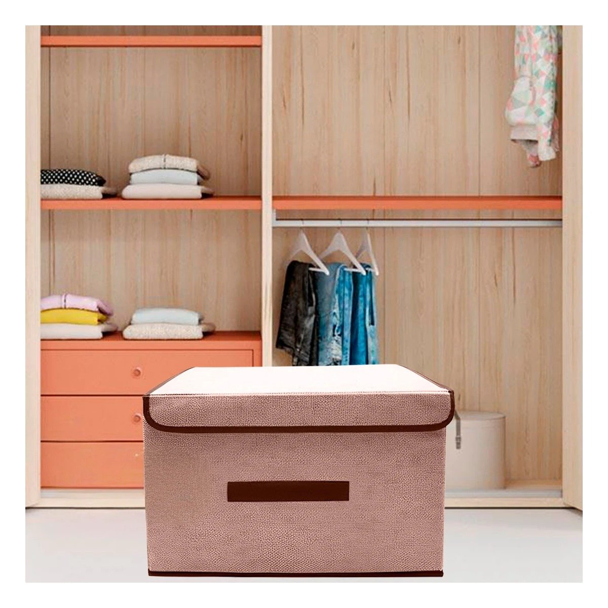 PACK4 ALMACENAMIENTO DE TELA 36X24X23CM BEIGE CON BORDE MARRON PARA CASA Y+REGALO STICKER - 3