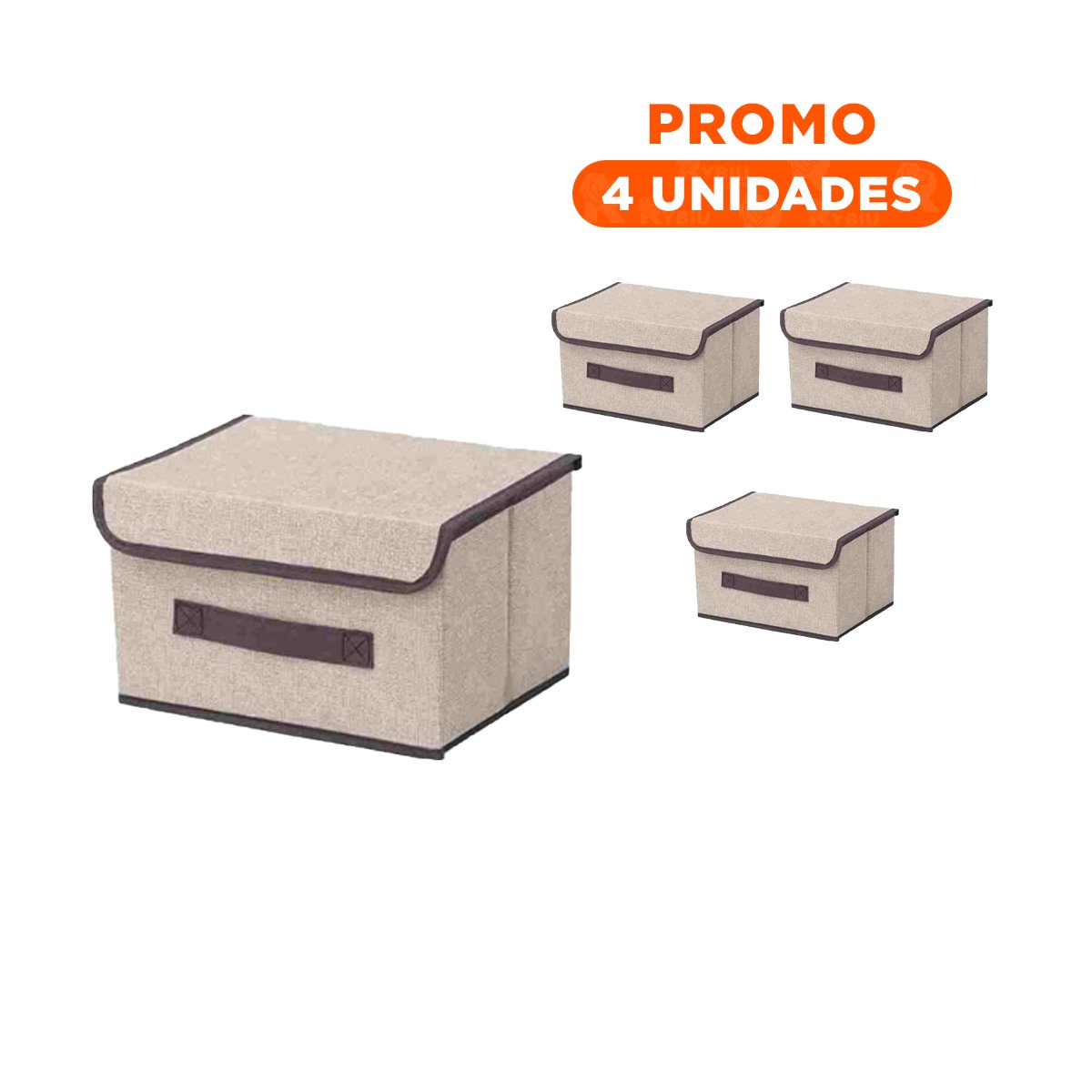 PACK4 CONTENEDOR PRACTICO DE TELA 25X19X16CM BEIGE CON BORDE MARRON PARA SALA - 1