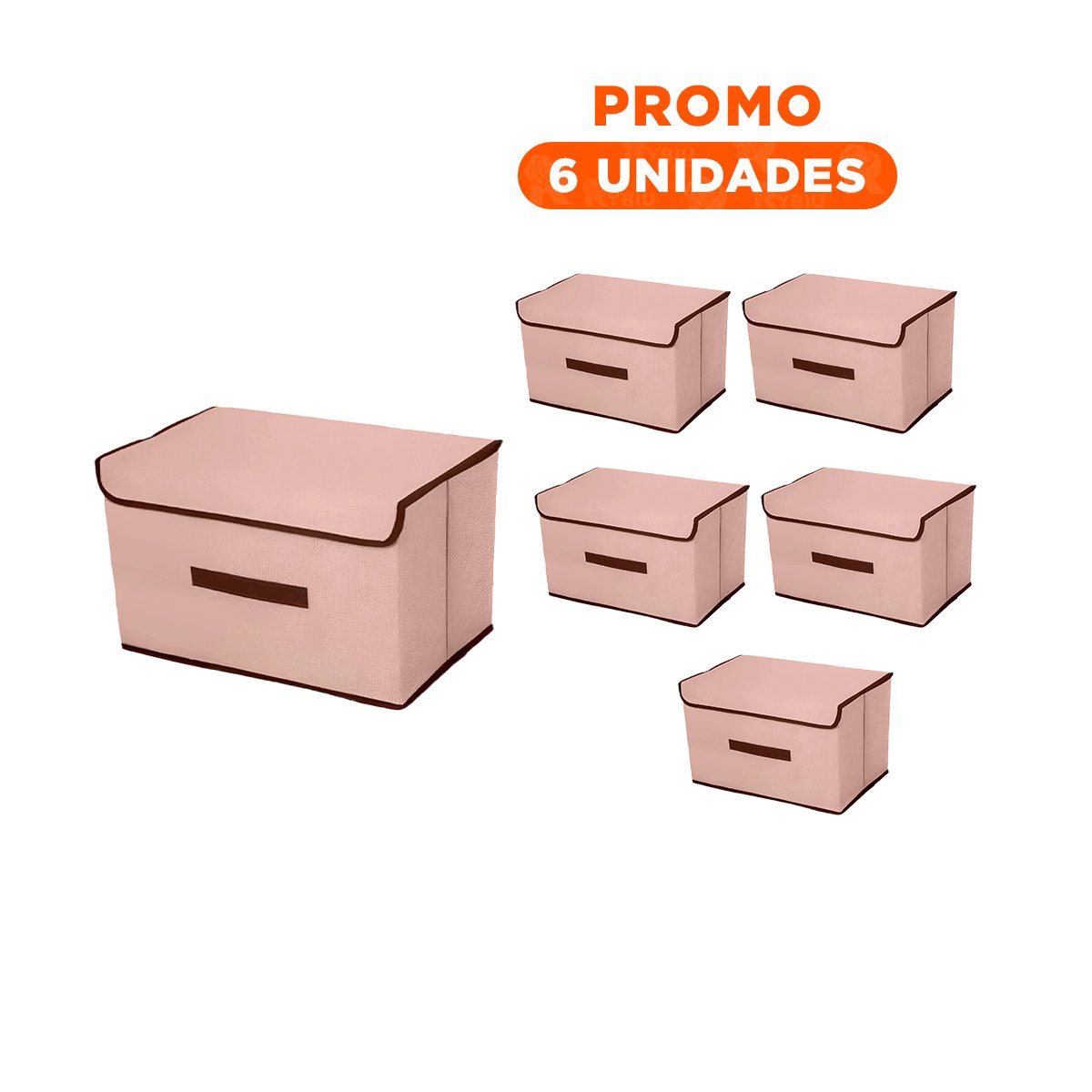 PACK6 ALMACENADOR PRACTICO DE TELA 36X24X23CM BEIGE CON BORDE MARRON PARA ROPA Y+REGALO STICKER - 1