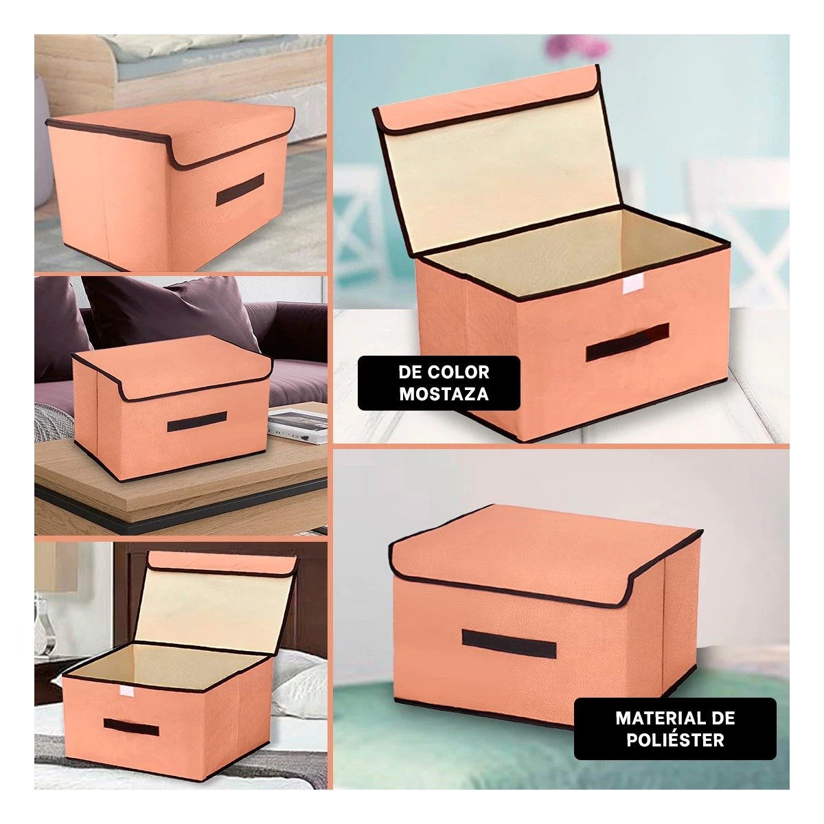 PACK6 ALMACENADOR DE TELA 25X19X16CM MOSTAZA CON BORDE MARRON PARA HABITACIONES Y+PAPEL REGALO - 3