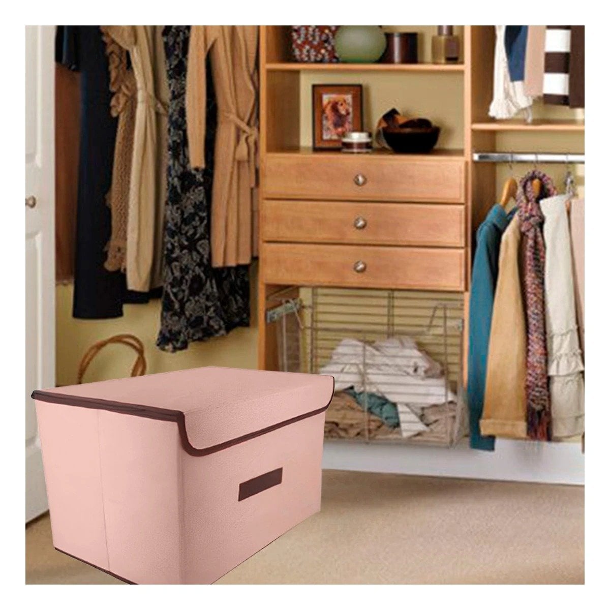 PACK2 CONTENEDOR MULTIUSO DE TELA 36X24X23CM BEIGE CON BORDE MARRON PARA ROPA Y+PAPEL REGALO - 2