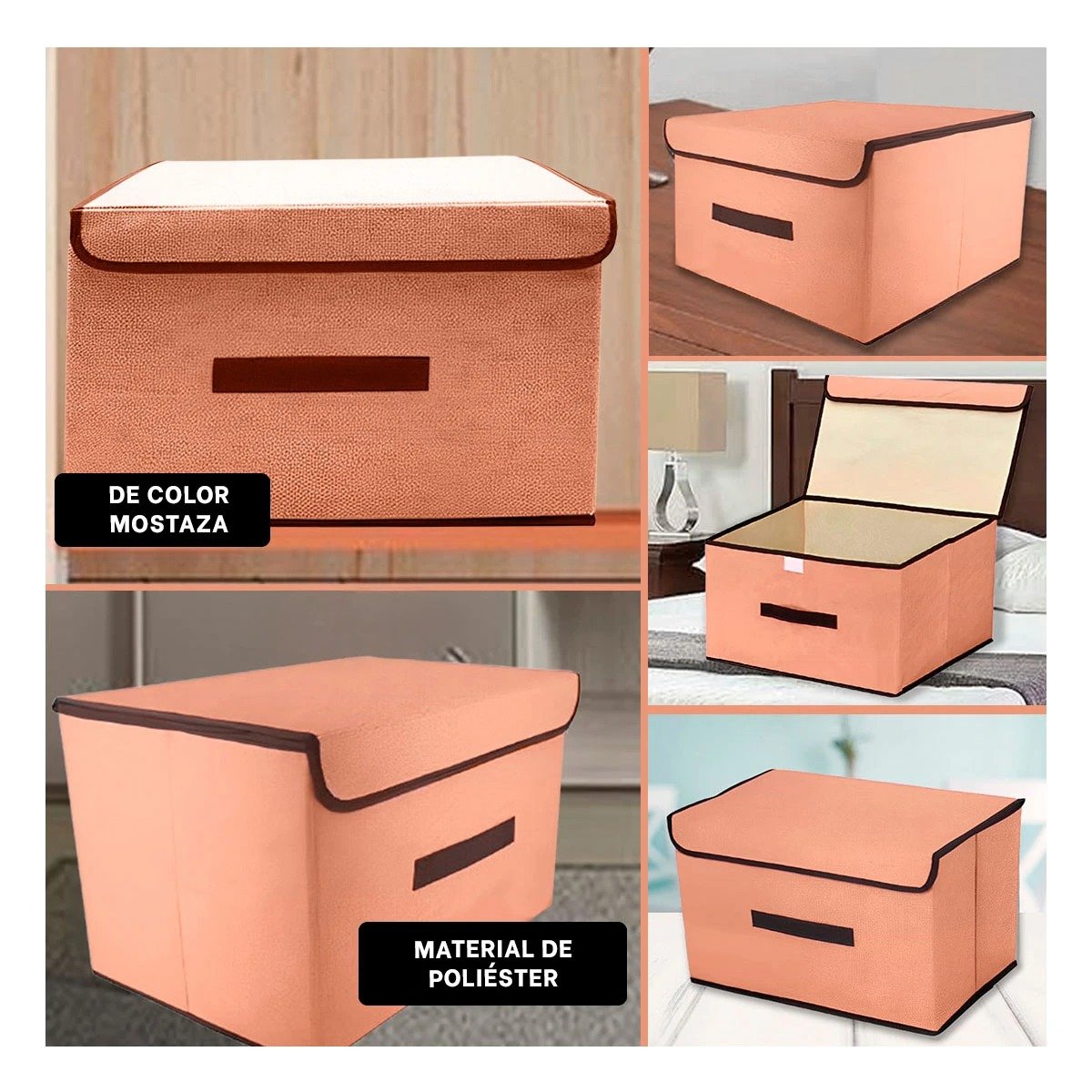 PACK12 ALMACENADOR VERSATIL DE TELA 36X24X23CM MOSTAZA CON BORDE MARRON PARA SALA - 2