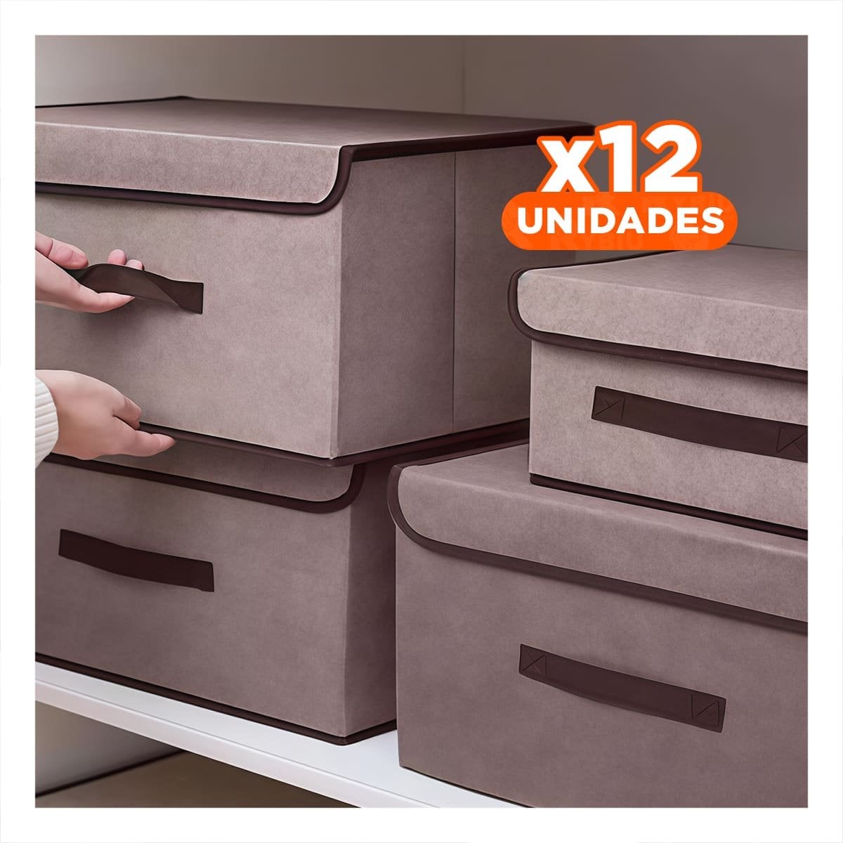 PACK12 ORGANIZADOR DE TELA 25X19X16CM MARRON CON BORDE MARRON PARA DORMITORIO Y+PAPEL REGALO - 1