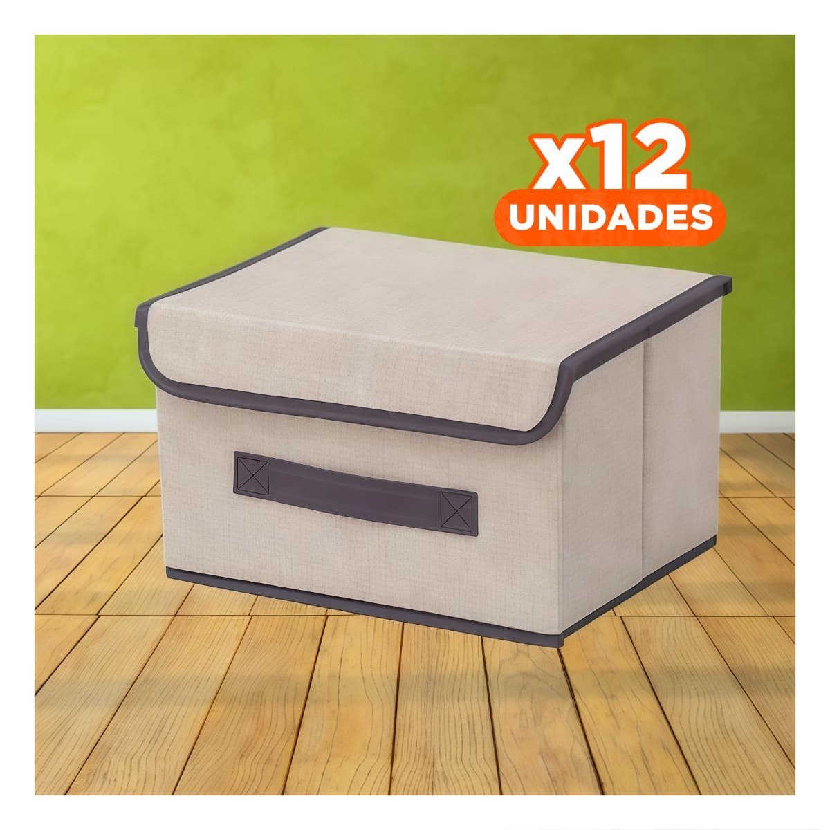 PACK12 ORGANIZADOR MULTIUSO DE TELA 25X19X16CM BEIGE CON BORDE MARRON Y+REGALO STICKER - 1