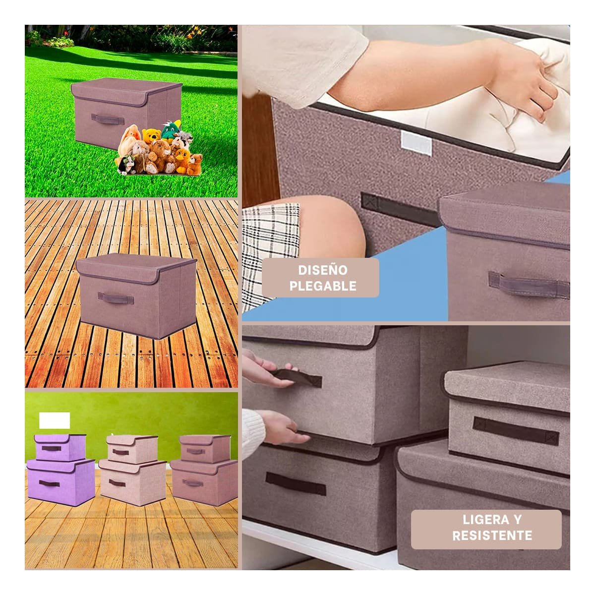 PACK12 ALMACENADOR VERSATIL DE TELA 25X19X16CM MARRON CON BORDE MARRON PARA SALA - 2