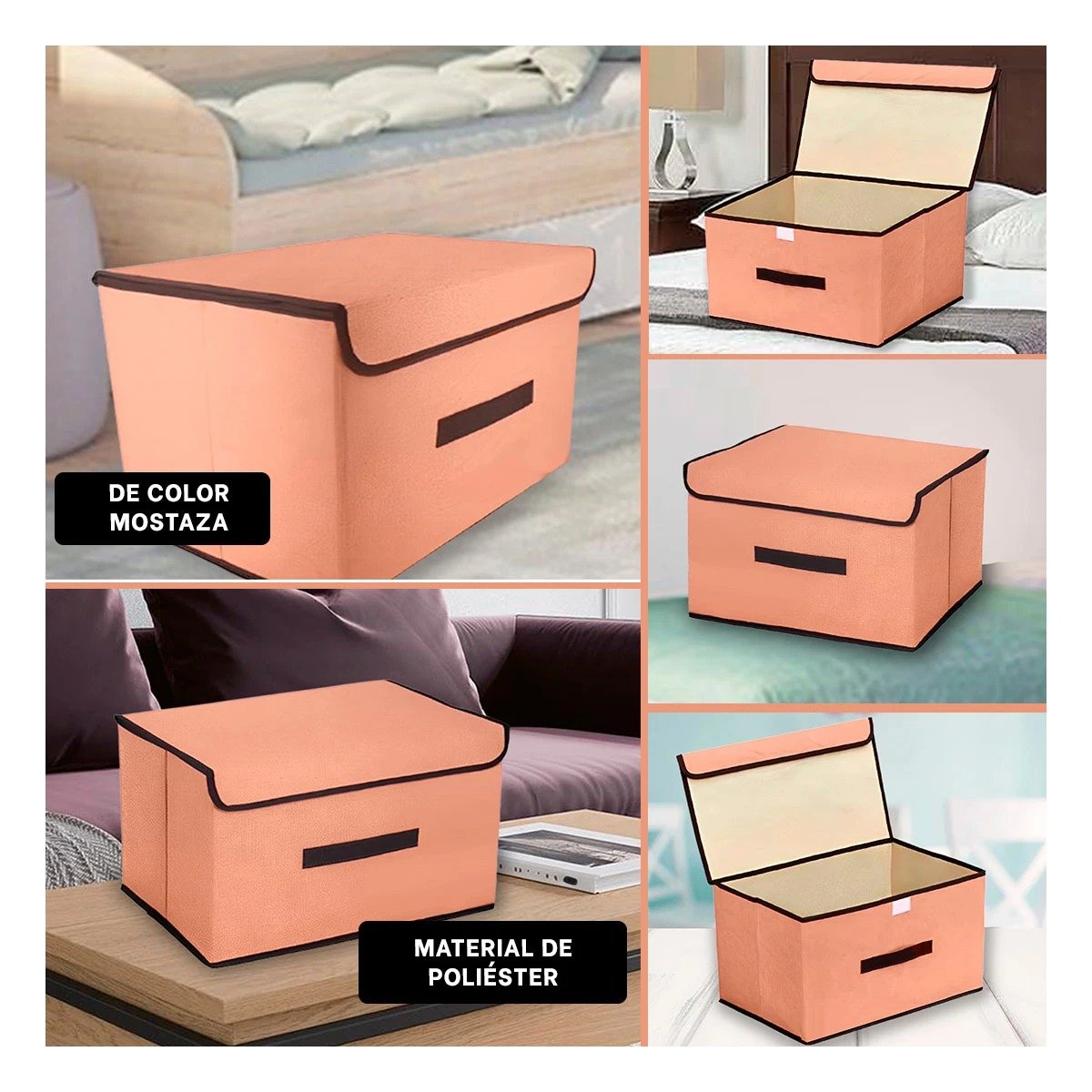 CAJA MULTIUSO DE TELA 25X19X16CM MOSTAZA CON BORDE MARRON PARA HABITACIONES Y+POST IT - 2