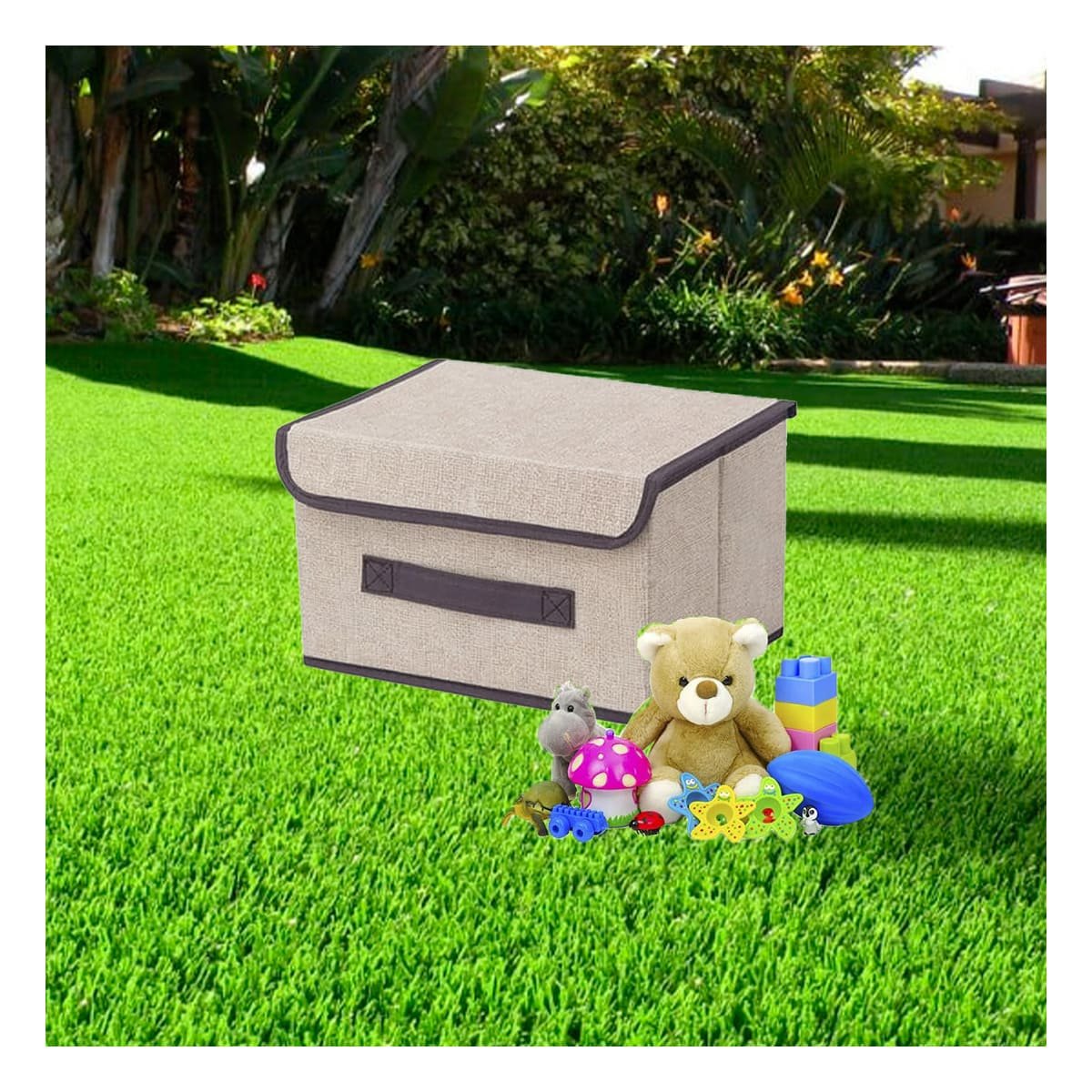 PACK2 CONTENEDOR ORGANIZATIVO DE TELA 25X19X16CM BEIGE CON BORDE MARRON PARA CASA - 5