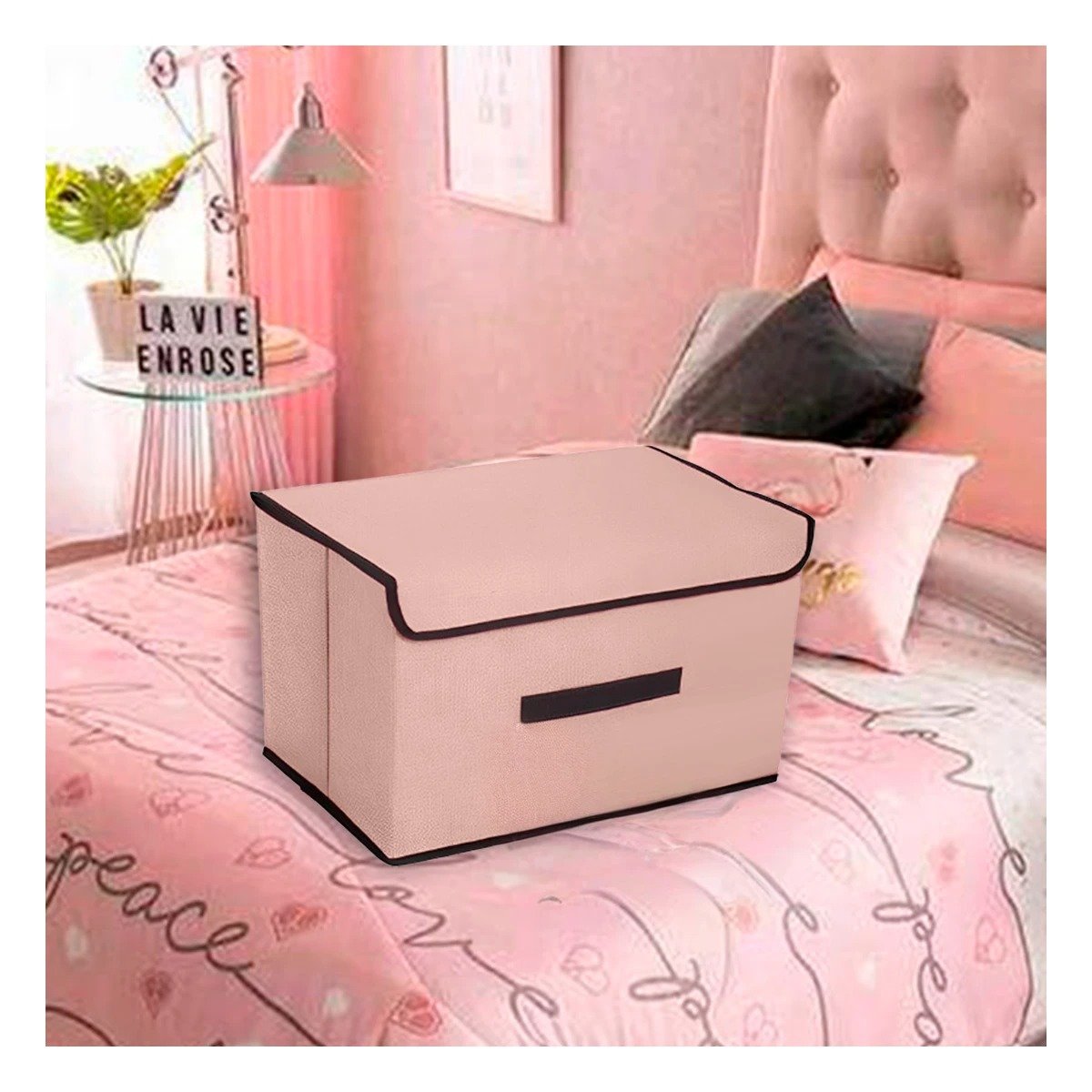 CAJA DE ALMACENAMIENTO DE TELA 36X24X23CM BEIGE CON BORDE MARRON FACIL DE USAR Y+REGALO STICKER - 2