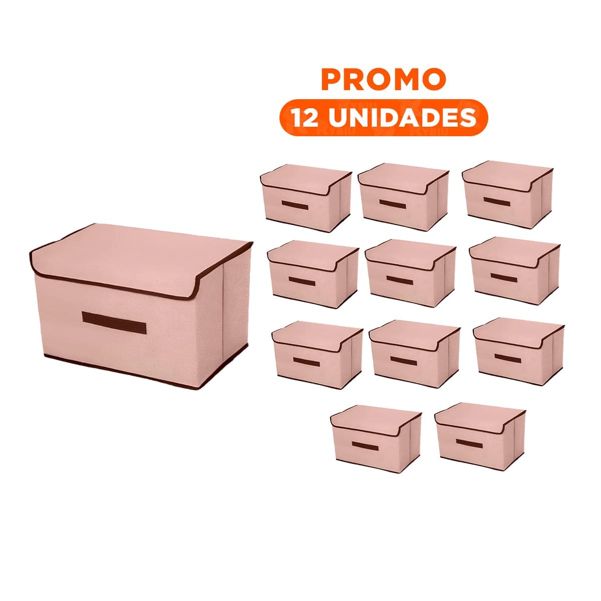 PACK12 ALMACENADOR VERSATIL DE TELA 36X24X23CM BEIGE CON BORDE MARRON PARA SALA - 1