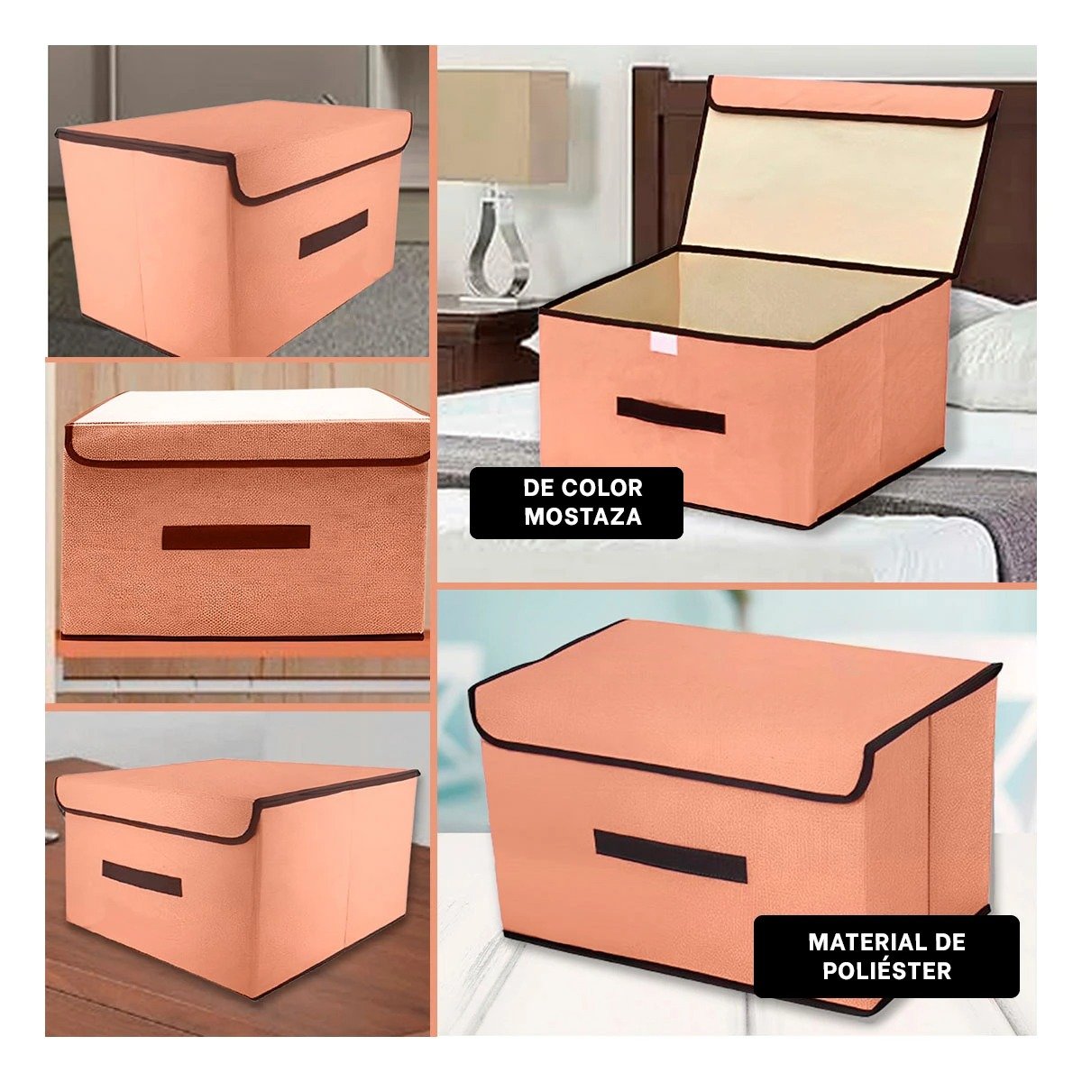 CAJA MULTIUSO DE TELA 36X24X23CM MOSTAZA CON BORDE MARRON PARA HABITACIONES Y+POST IT - 2