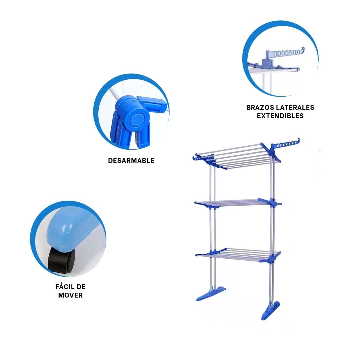 COLGADOR FUNCIONAL DE ROPA PLEGABLE CON TRES NIVELES PARA CASA EN CELESTE Y+POST IT - 5