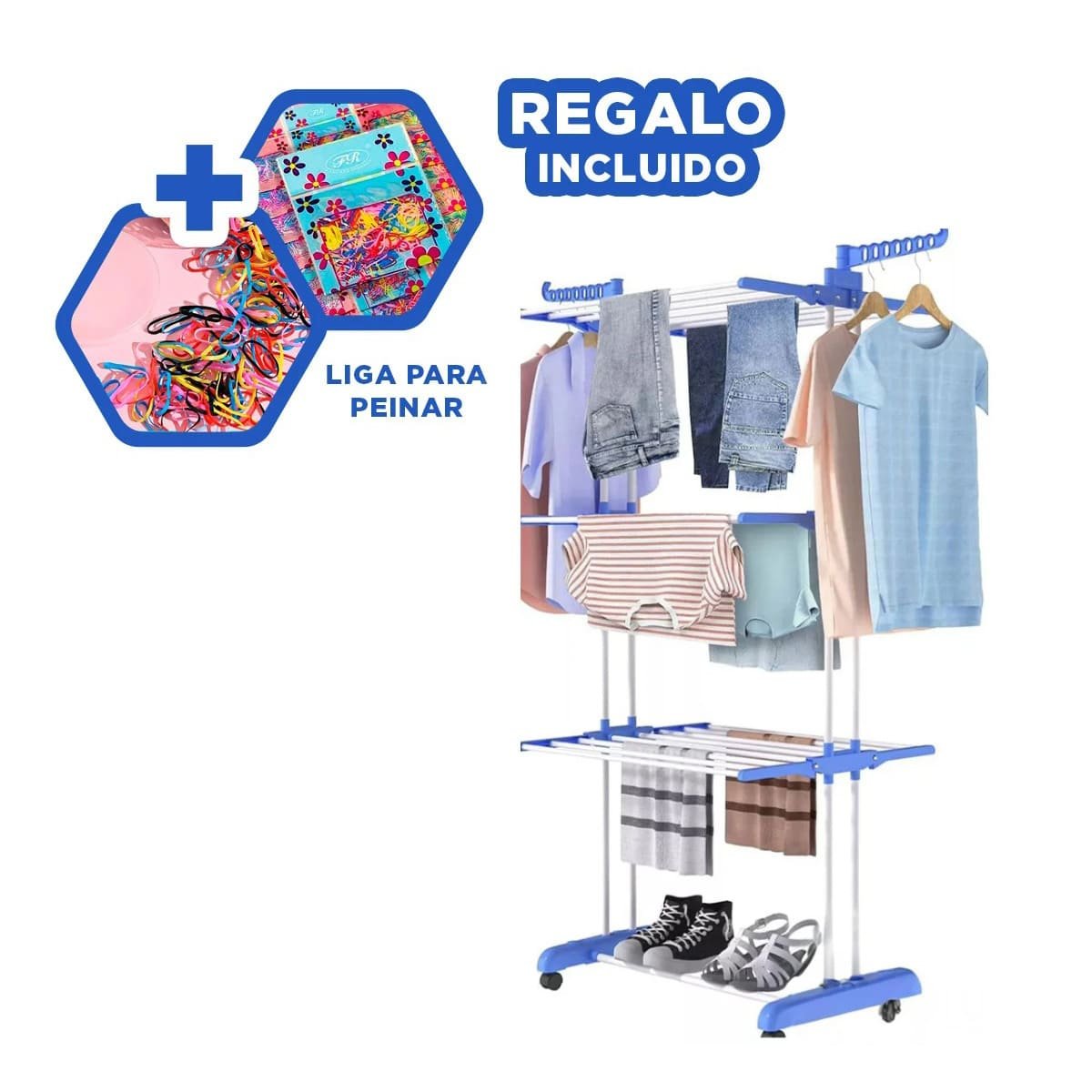 COLGADOR DOMESTICO PLEGABLE DE TRES NIVELES PARA COLGAR PRENDAS EN CELESTE Y+LIGAS REGALO - 2
