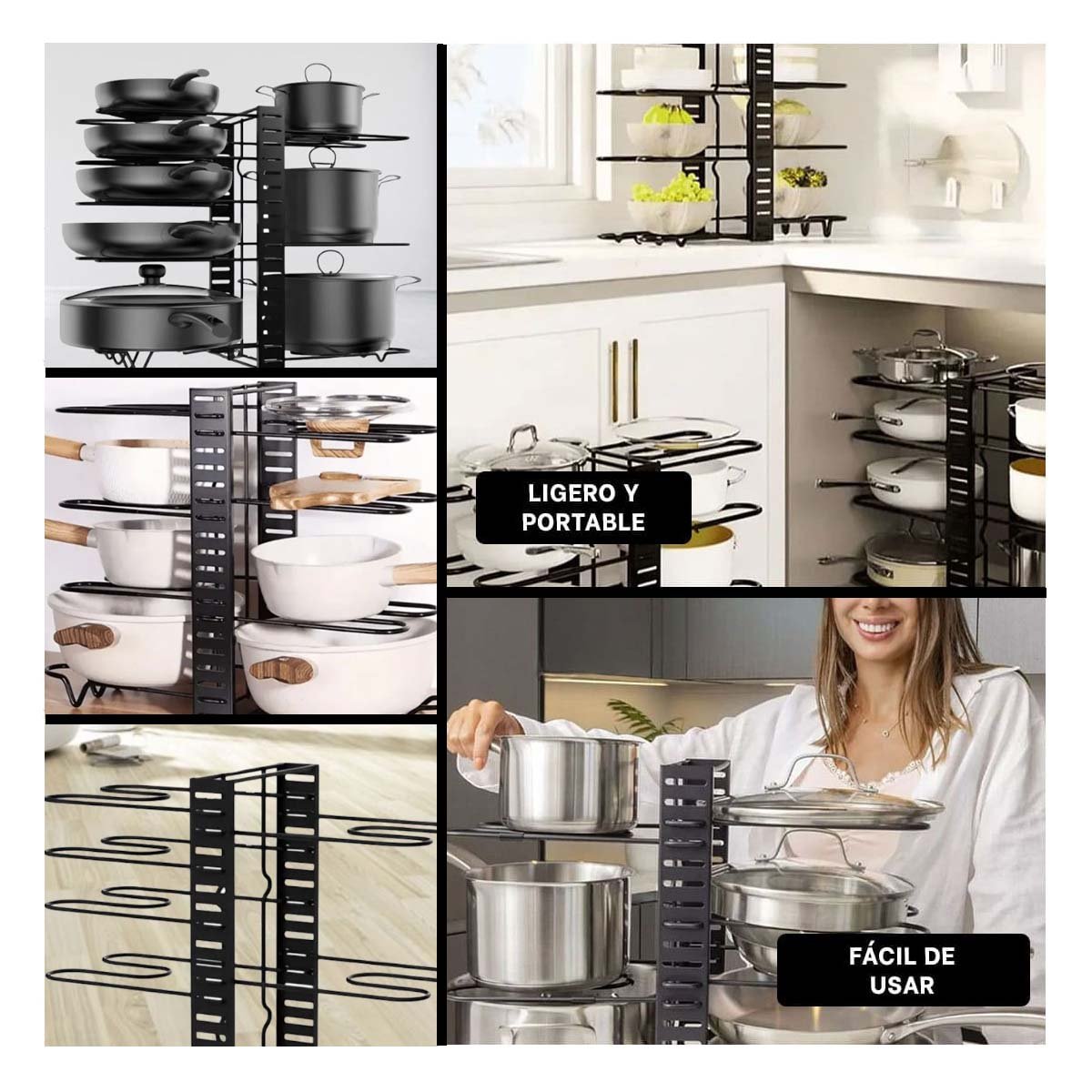 SOPORTE PORTAVASOS Y OLLAS AJUSTABLE PARA COCINA NEGRA MULTIFUNCIONAL - 2