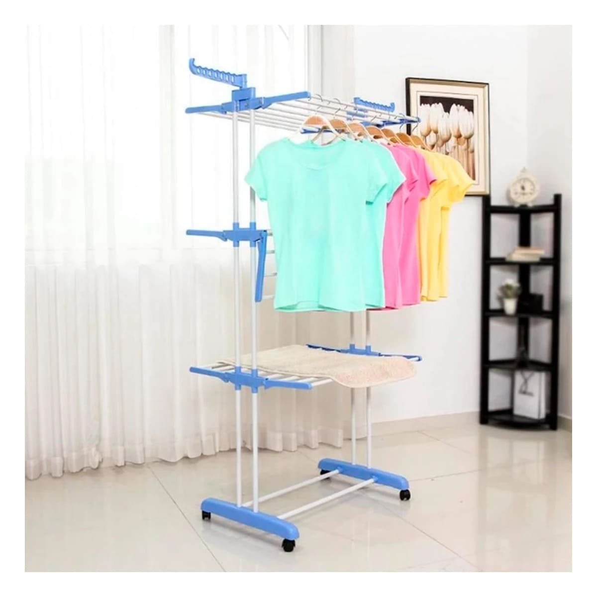 COLGADOR VERTICAL PLEGABLE PARA ROPA CON TRES NIVELES Y USO DOMESTICO EN CELESTE Y+PAPEL REGALO - 2