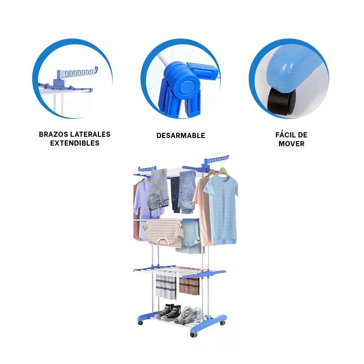 COLGADOR VERTICAL PLEGABLE PARA ROPA CON TRES NIVELES Y USO DOMESTICO EN CELESTE Y+PAPEL REGALO - 5