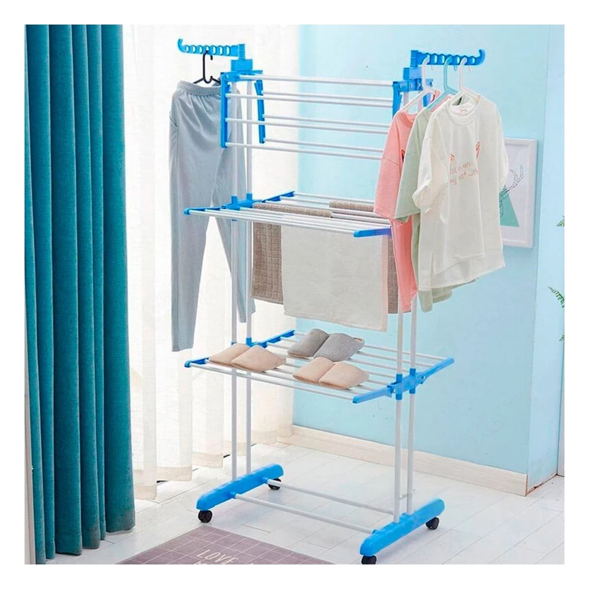 PACK2 SECADOR VERTICAL PLEGABLE DE ROPA CON TRES NIVELES PARA HOGAR EN CELESTE Y+PAPEL REGALO - 2